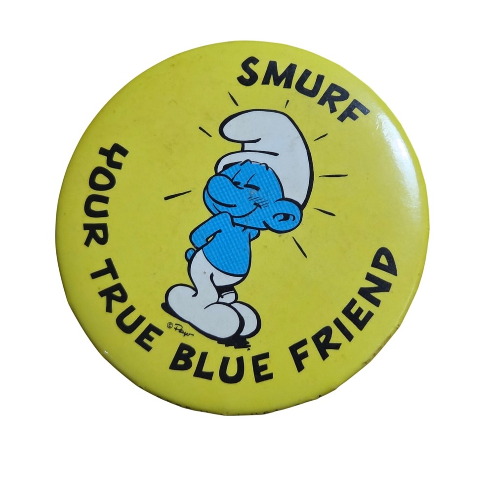 Vintage Peyo 1982 Smurf Your True Blue Friend Pinback Button Badge Kidcore 80s